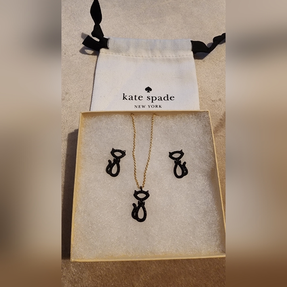 Kate Spade Jazz Things Up Pave Black Cat Crystal Necklace and matching earrings.